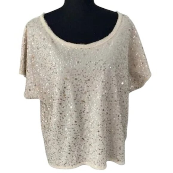 H&M Beige/Cream/Ivory Sequin Short Sleeve Boxy Blouse Top Medium - Picture 1 of 16